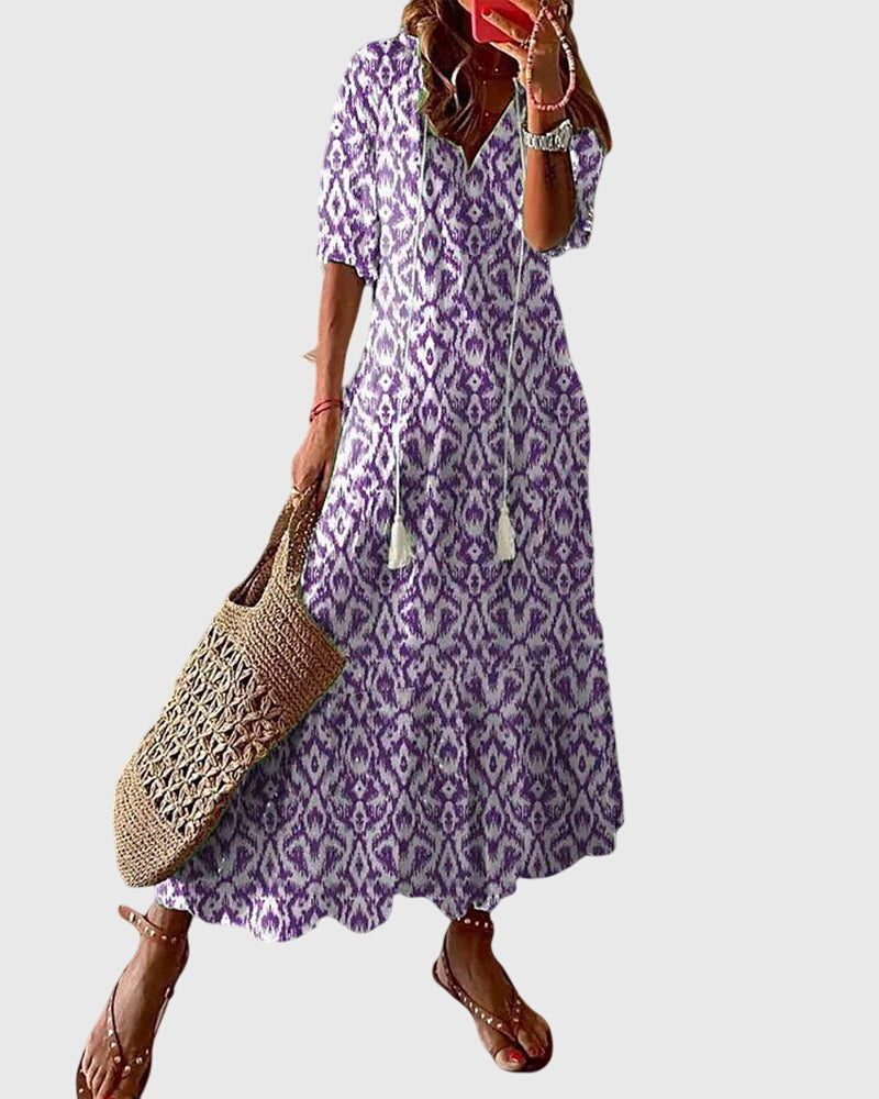 Amalia boho vintage print summer dress in Purple, view 3