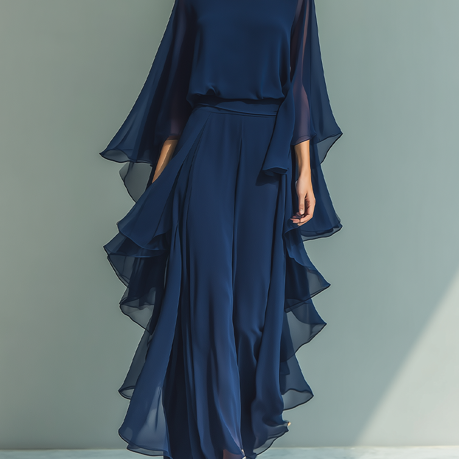 Navy chiffon ruffle top and trouser set, front view