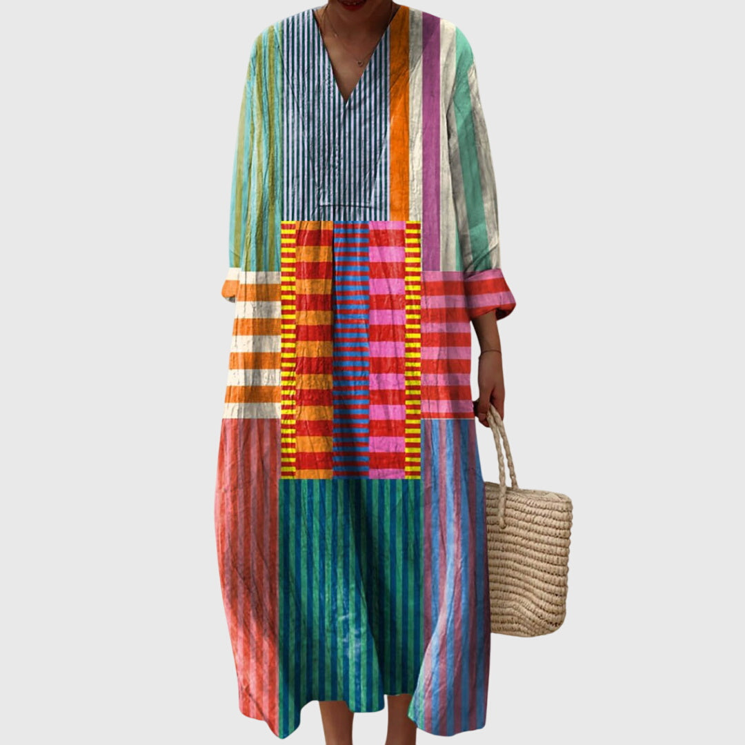 Stephanie geometric print maxi dress in Multicolour Stripe, front view