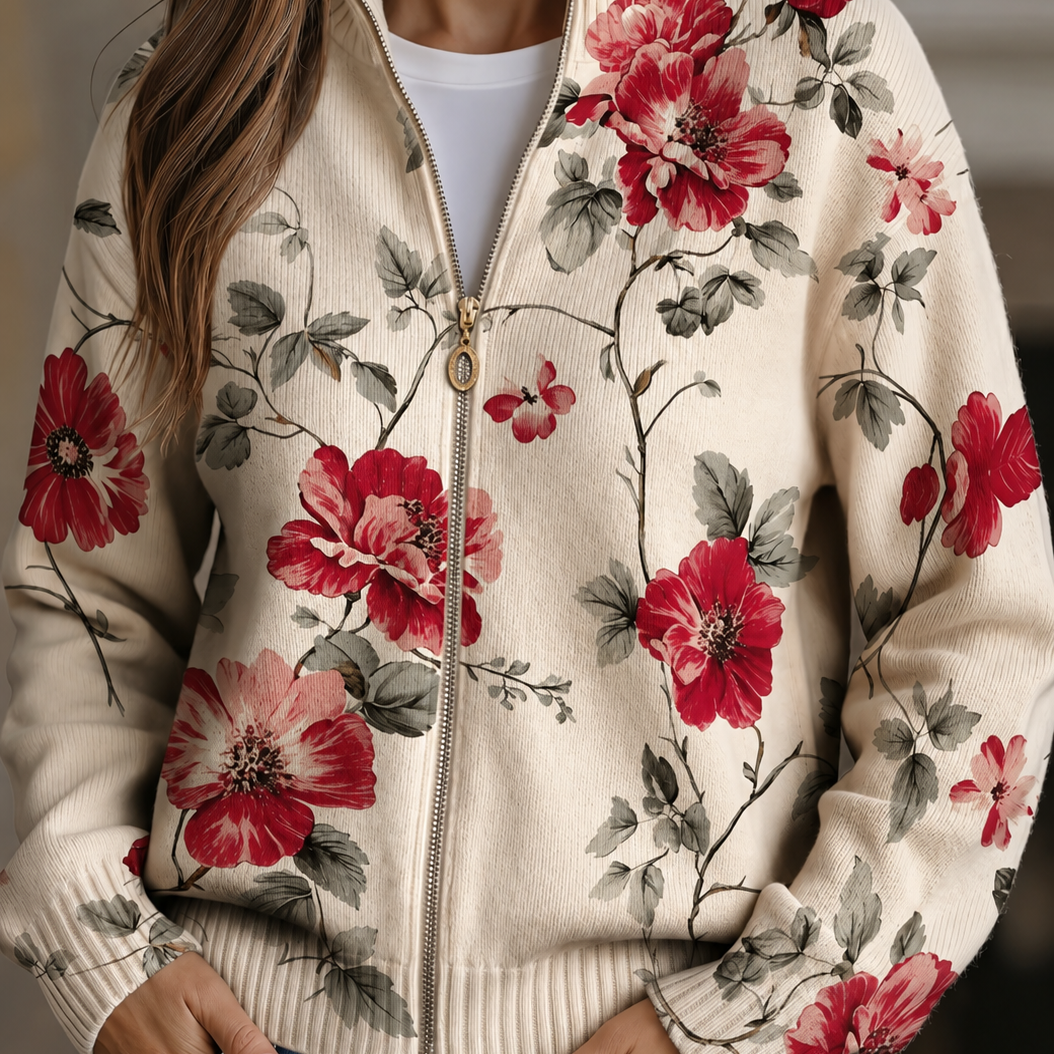 Penelope vintage rose print zip-up cardigan, front view