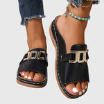 Kathryn Gold Buckle Slide Sandals in Black, view 7