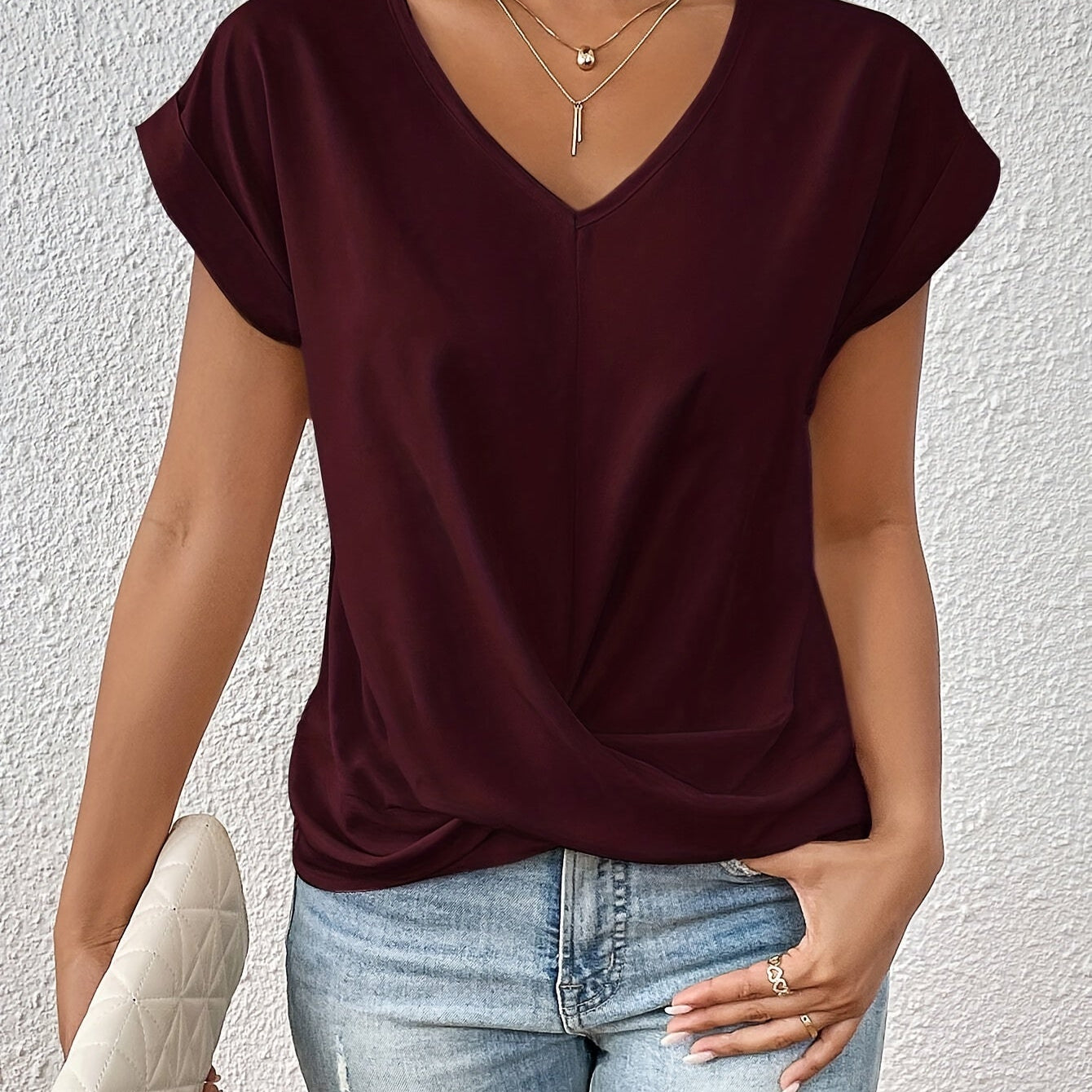 Zoe sweetheart neckline casual T-shirt in Wine Red, view 3