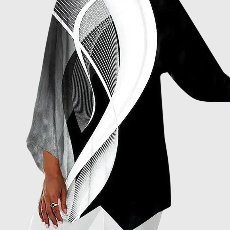 Alayah printed crew neck top in Black White Swirl, view 5