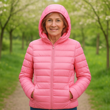 Metta pink hooded puffer jacket, front view