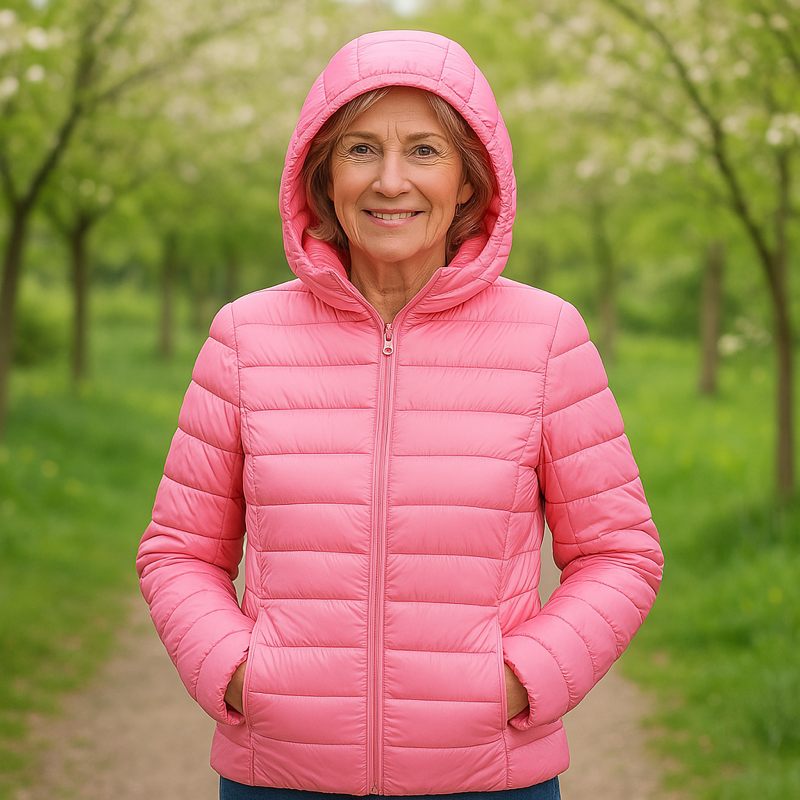 Metta pink hooded puffer jacket, front view