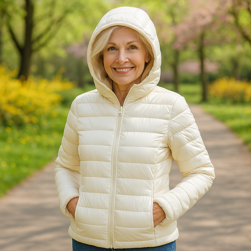 Metta white hooded puffer jacket, front view