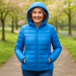 Metta sky blue hooded puffer jacket, front view