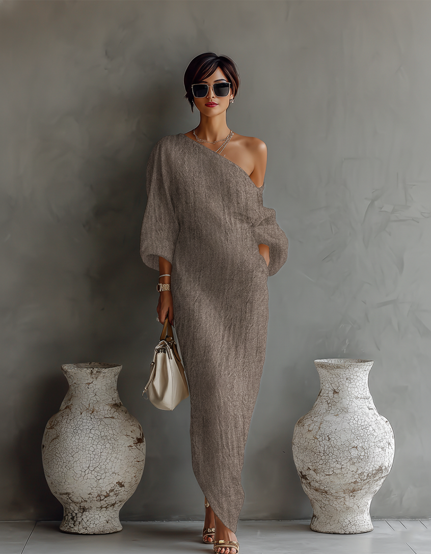 Off shoulder linen maxi dress in Khaki, view 4