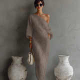 Off shoulder linen maxi dress in Khaki, view 4