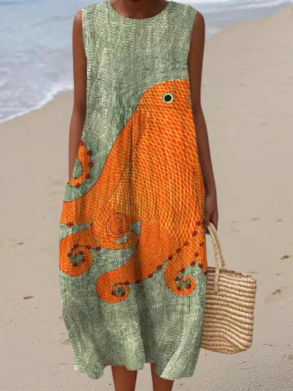 Coral Oceanic Print Midi Dress, front view