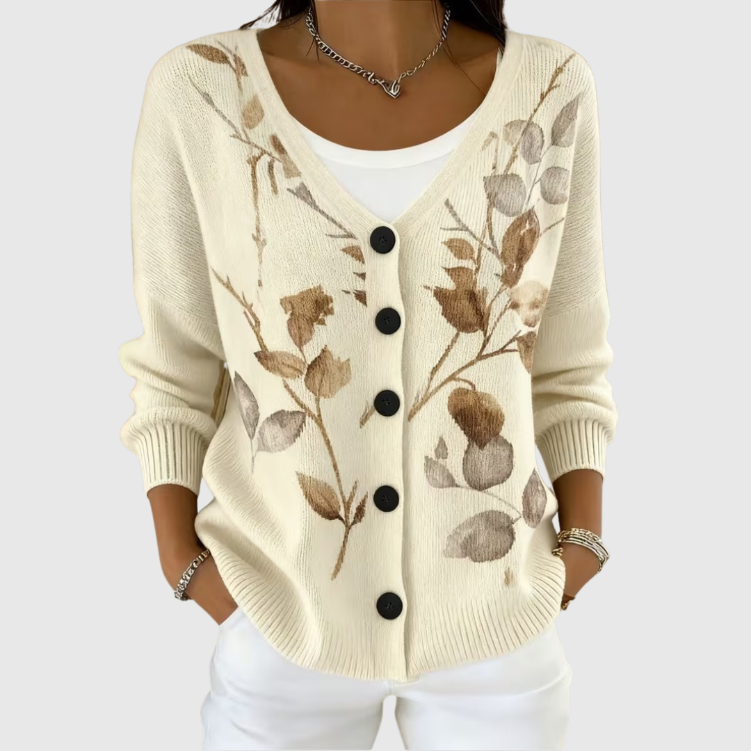 Clara cream botanical print cardigan, front view
