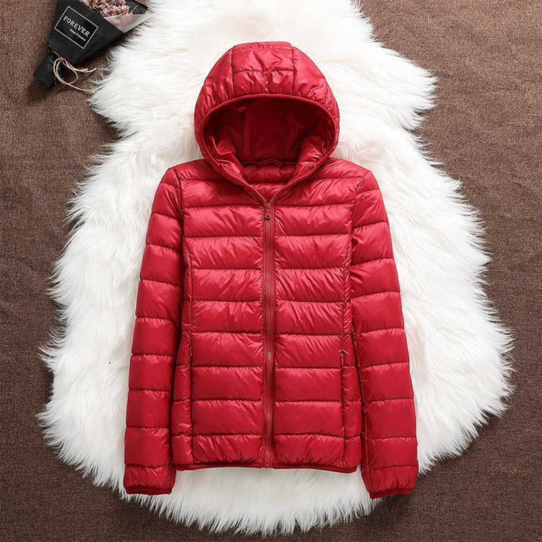 Metta red hooded puffer jacket, view 2