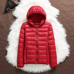Metta red hooded puffer jacket, view 2