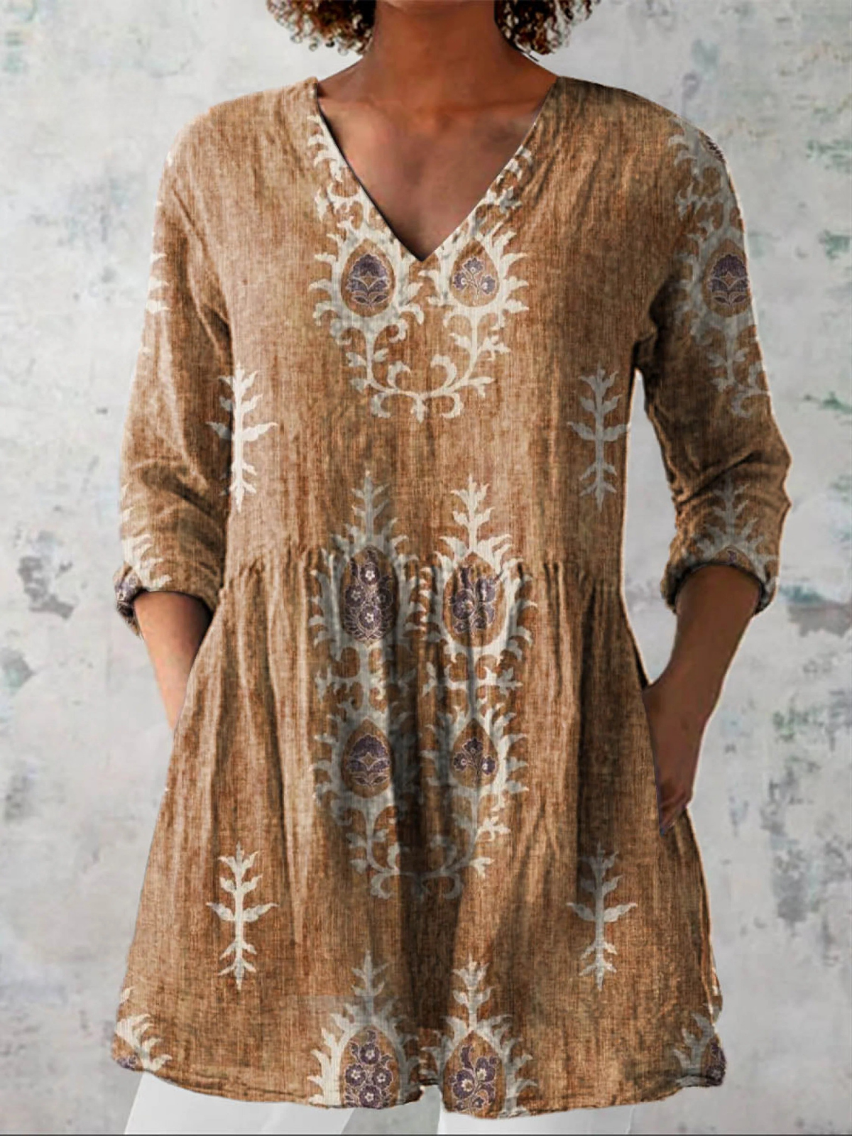 Elise soft green print V-neck blouse in Yellow, view 4