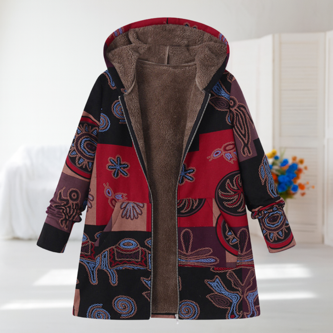 Aurora black folk print fleece-lined hooded coat, front view
