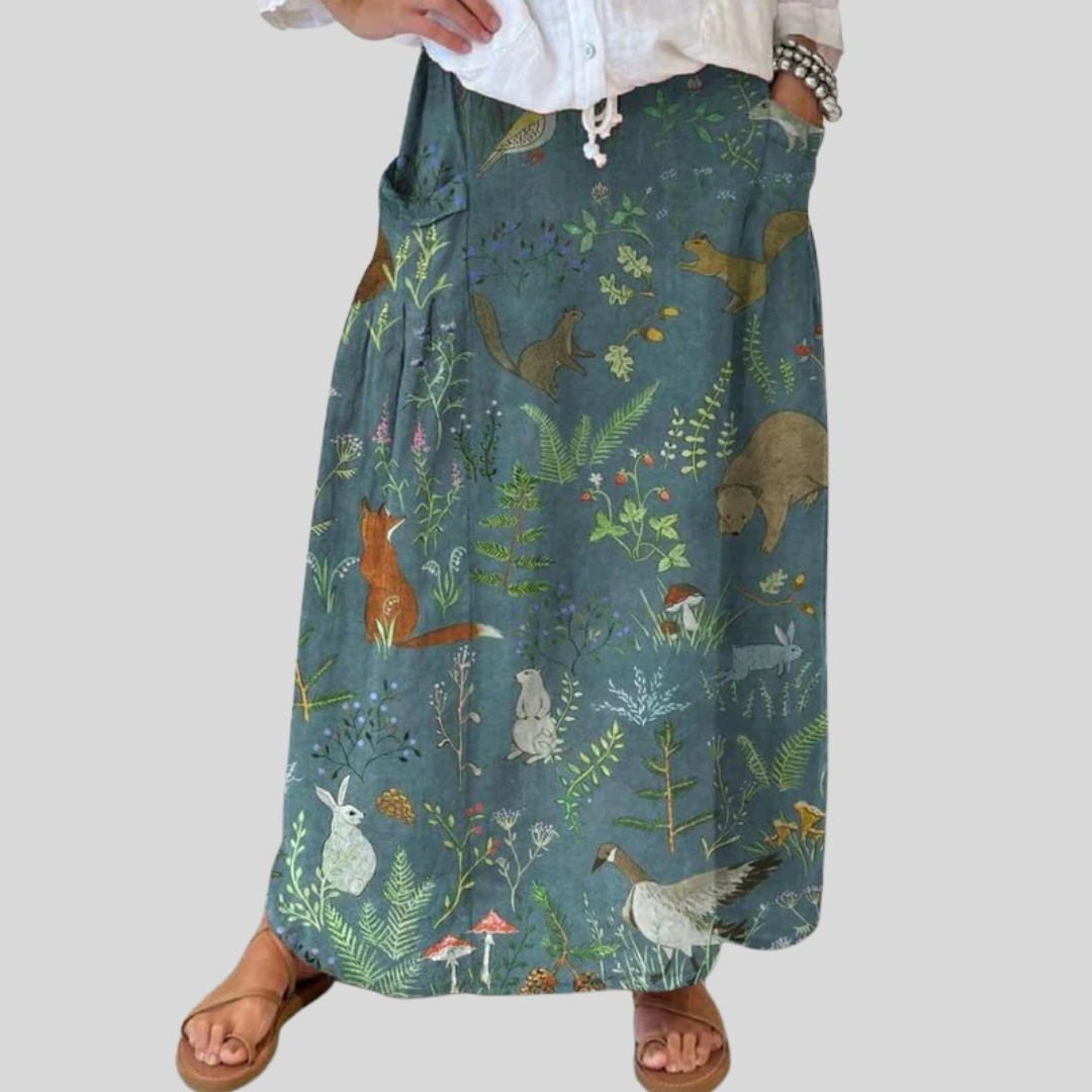Retro woodland animal print linen skirt in Multicolour, front view