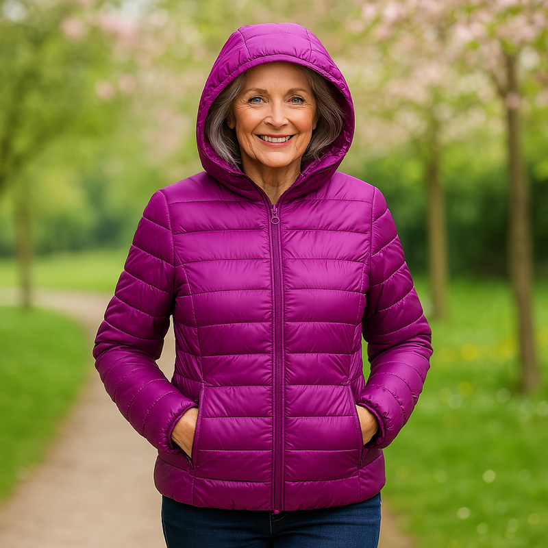 Metta purple hooded puffer jacket, front view