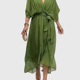 Bethany elegant V neck midi dress in Green, front view