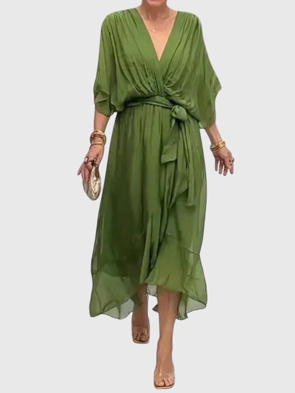 Bethany elegant V neck midi dress in Green, front view