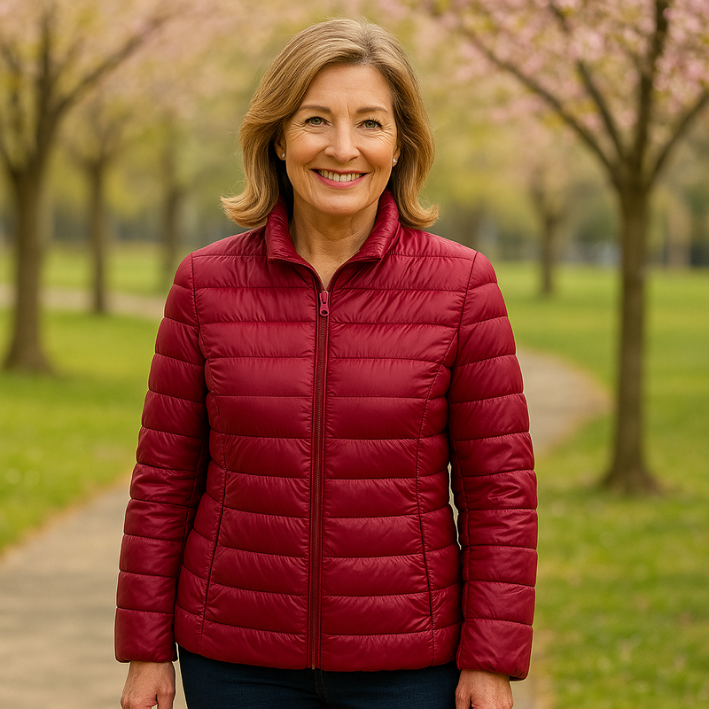 Ulla dark red puffer jacket, front view