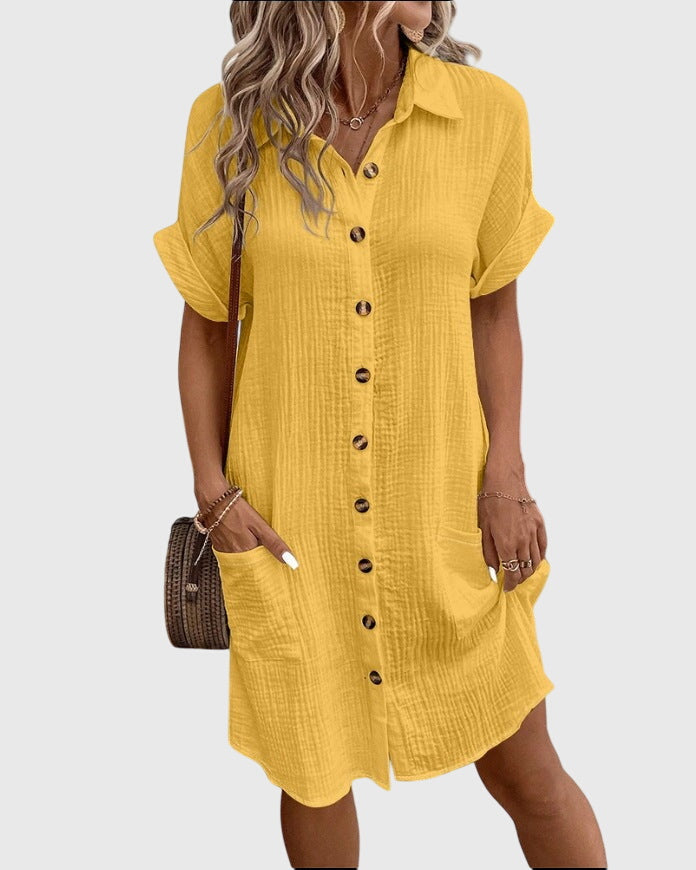 Caroline Comfortable Shirt Dress in Yellow, view 2