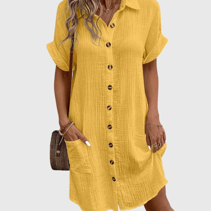 Caroline Button Front Shirt Dress in Yellow, view 2