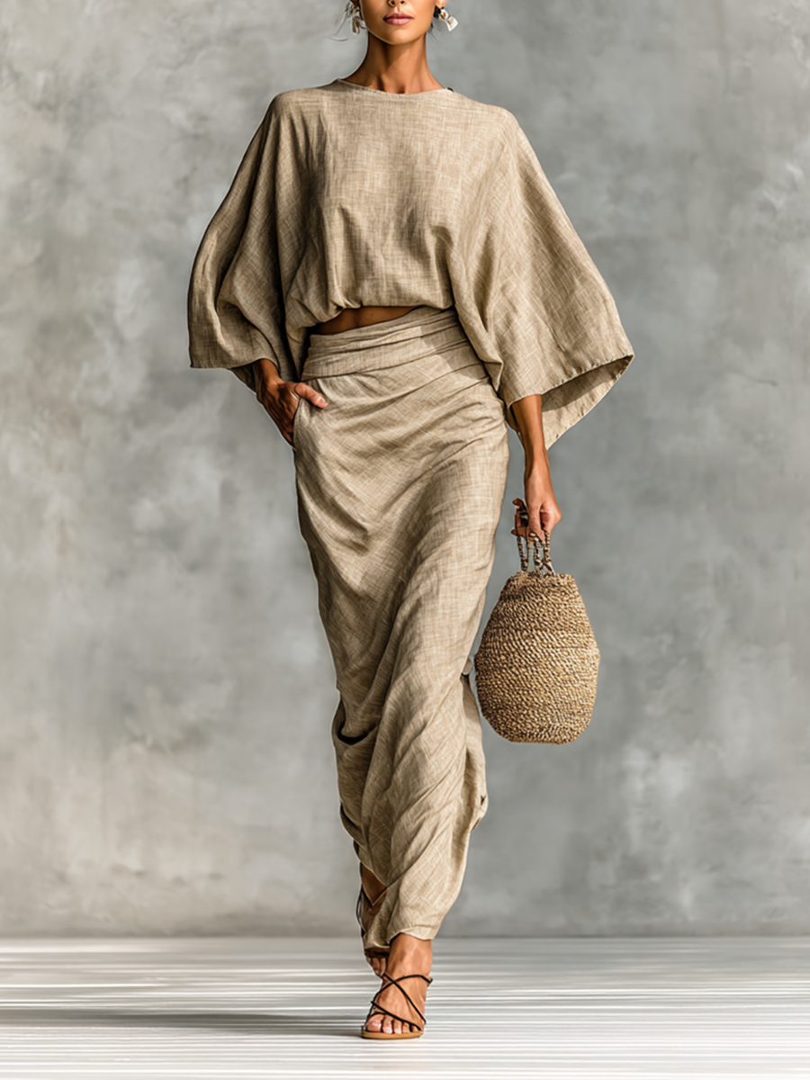 Cotton linen batwing top and skirt set in Khaki, front view