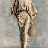 Cotton linen batwing top and skirt set in Khaki, front view