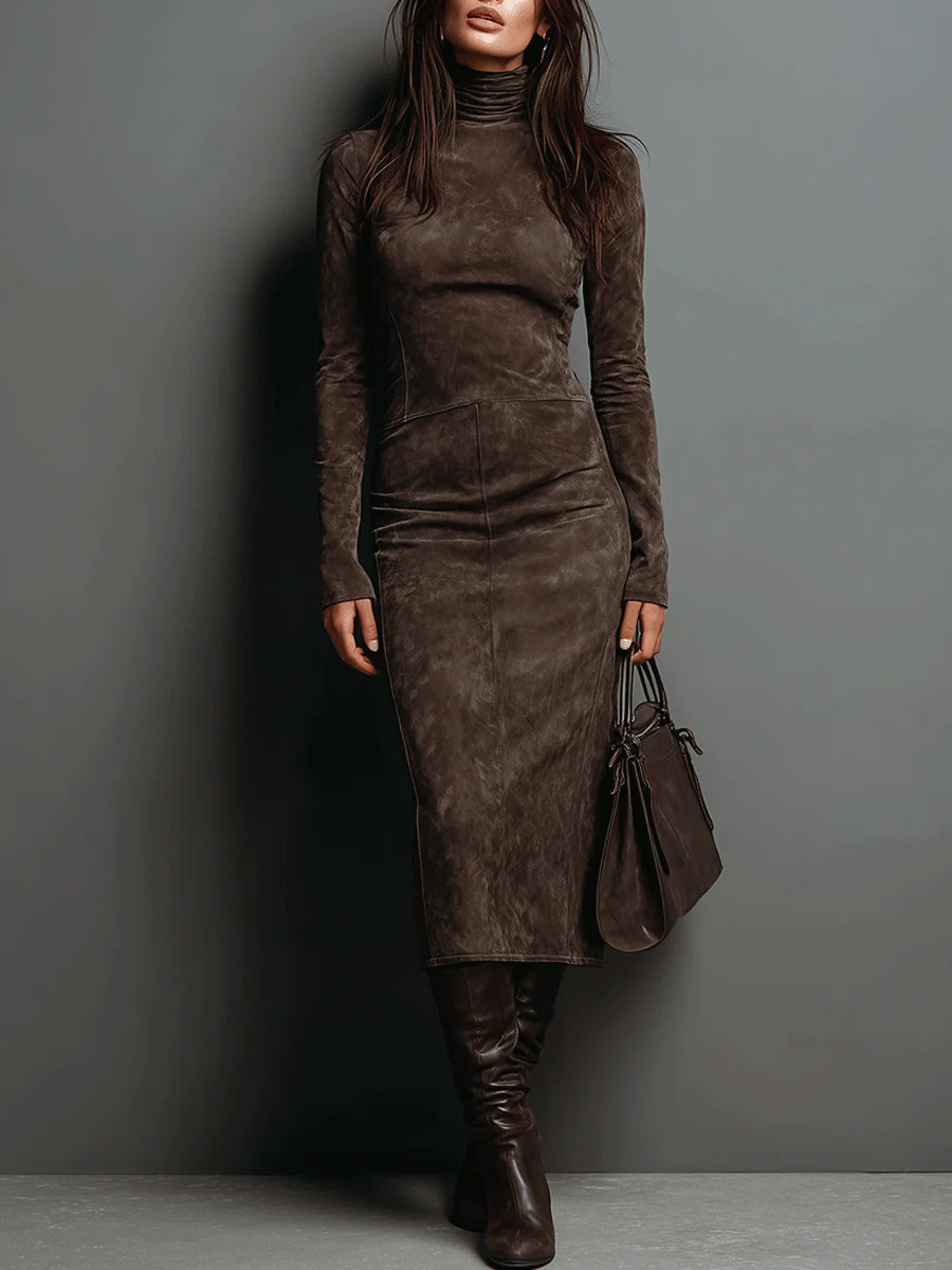 Ava suede look high neck midi dress in Coffee, front view