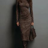Ava suede look high neck midi dress in Coffee, front view