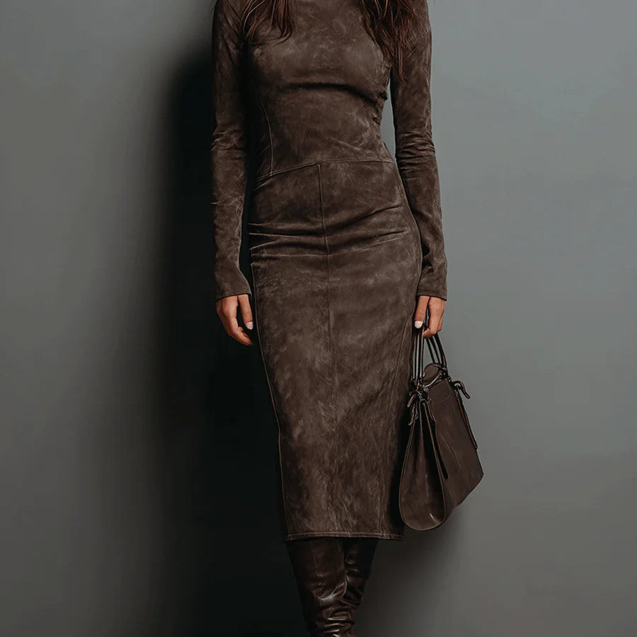 Ava suede look high neck midi dress in Coffee, front view
