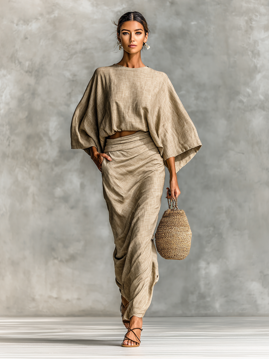 Cotton linen batwing top and skirt set, view 4