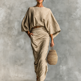 Cotton linen batwing top and skirt set, view 4