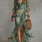 Aurora floral maxi dress with asymmetric hem in Sage Green, front view