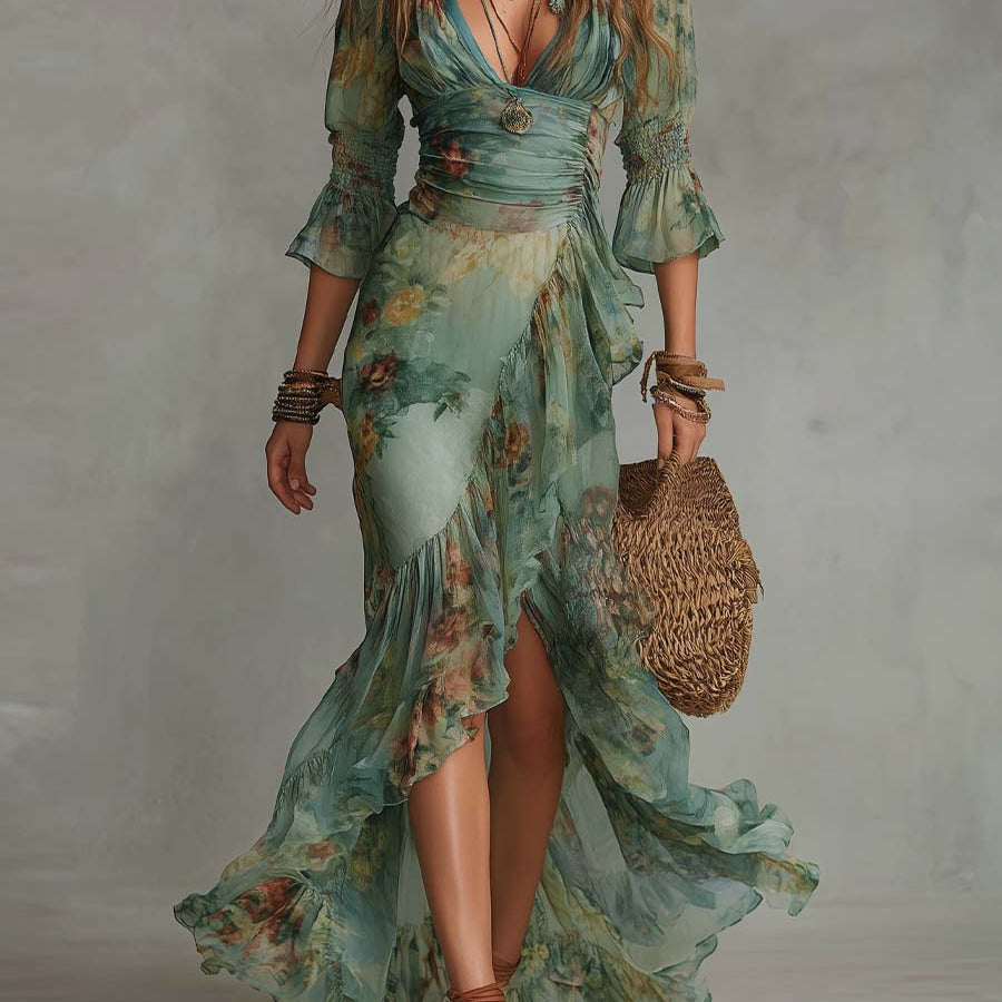 Aurora floral maxi dress with asymmetric hem in Sage Green, front view