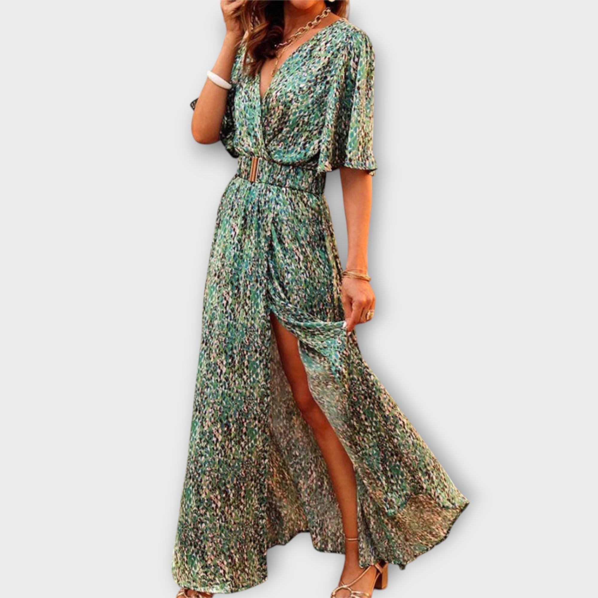 Sabine floral wrap maxi dress in Green, front view