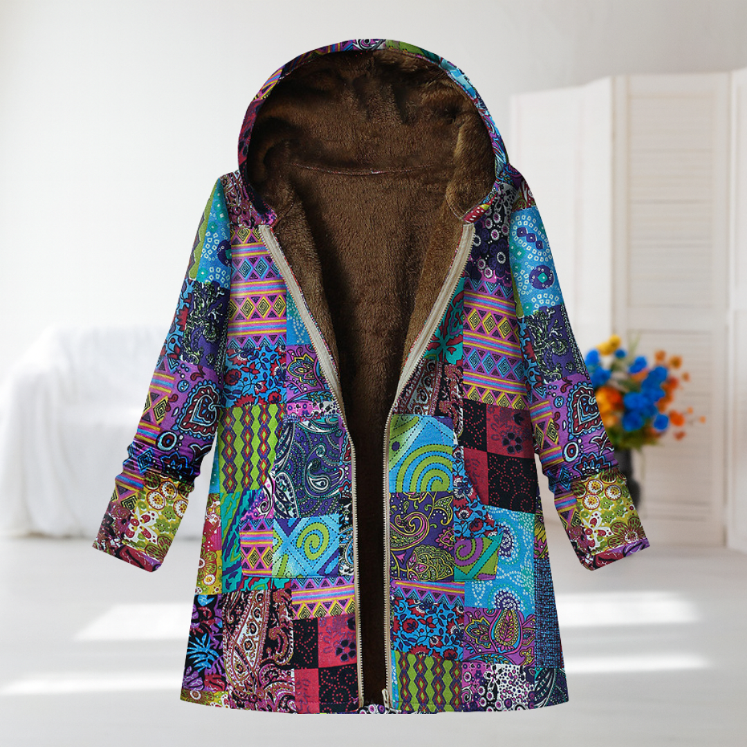 Elisa blue paisley fleece-lined hooded coat, front view