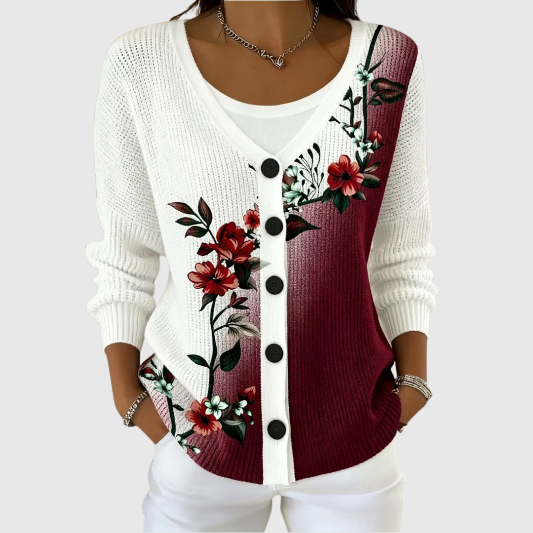 Ida red floral buttoned cardigan, front view