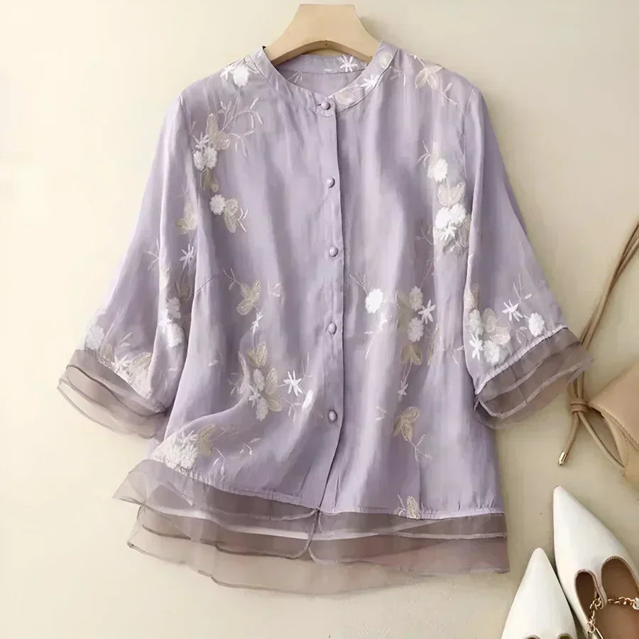 Nicole embroidered cotton blouse in Purple, view 2