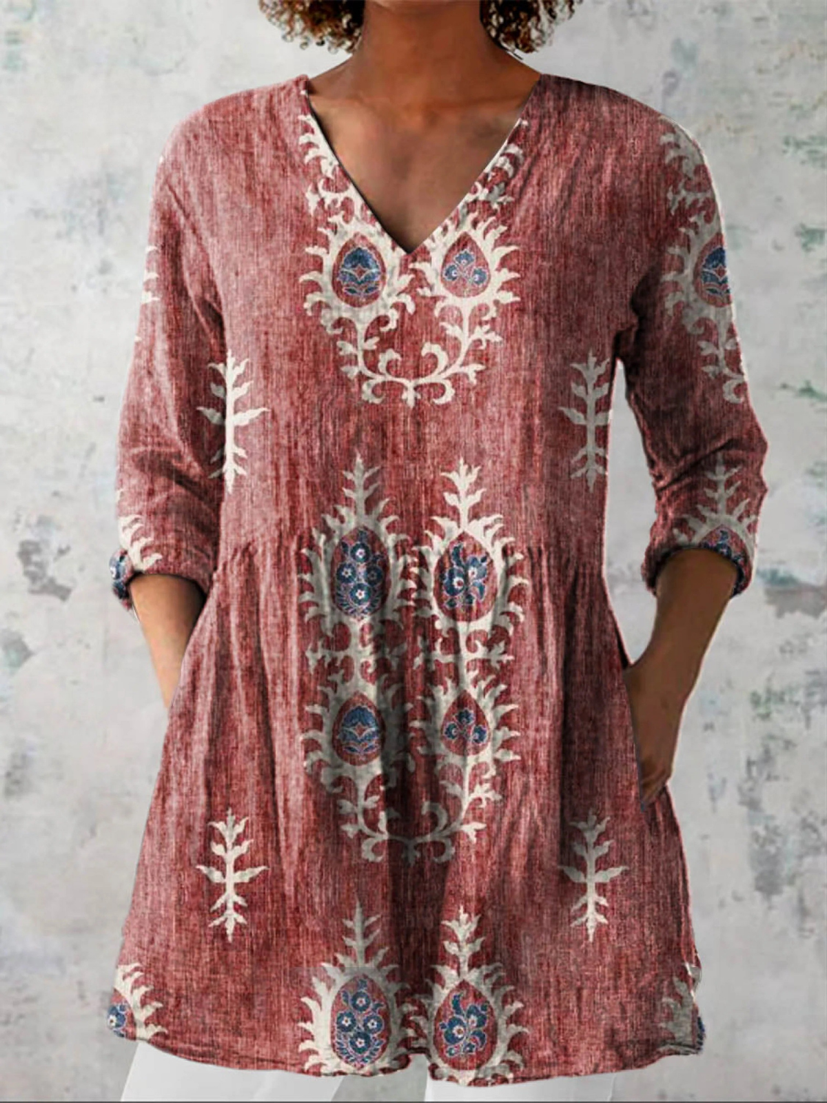 Elise soft green print V-neck blouse in Red, view 3