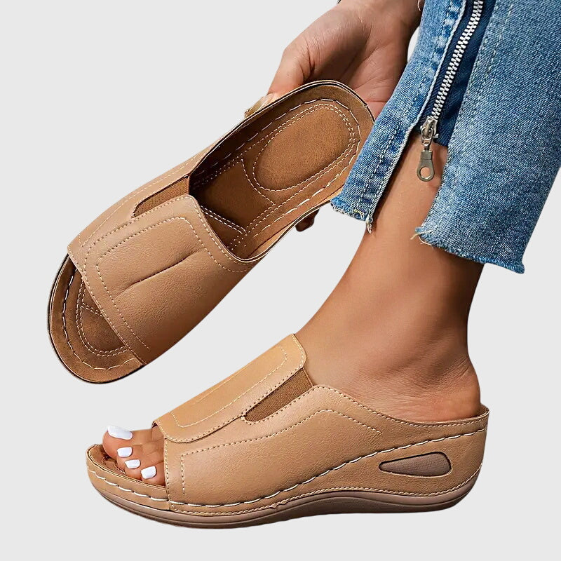 Aretha Orthopaedic Wedge Slide Sandals in Beige, view 4