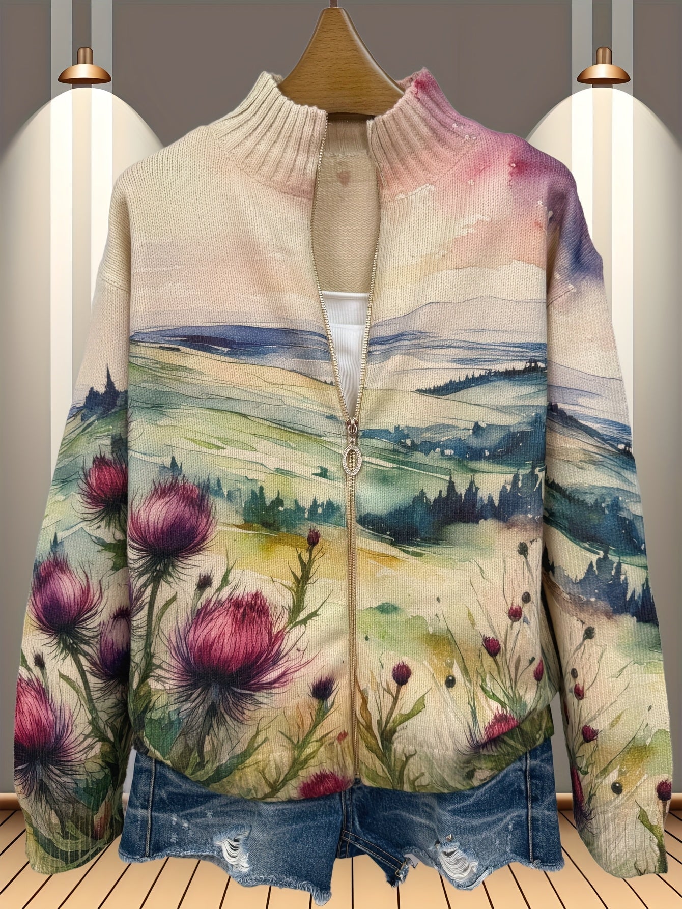 Averil Scottish thistle zip-up cardigan, view 4