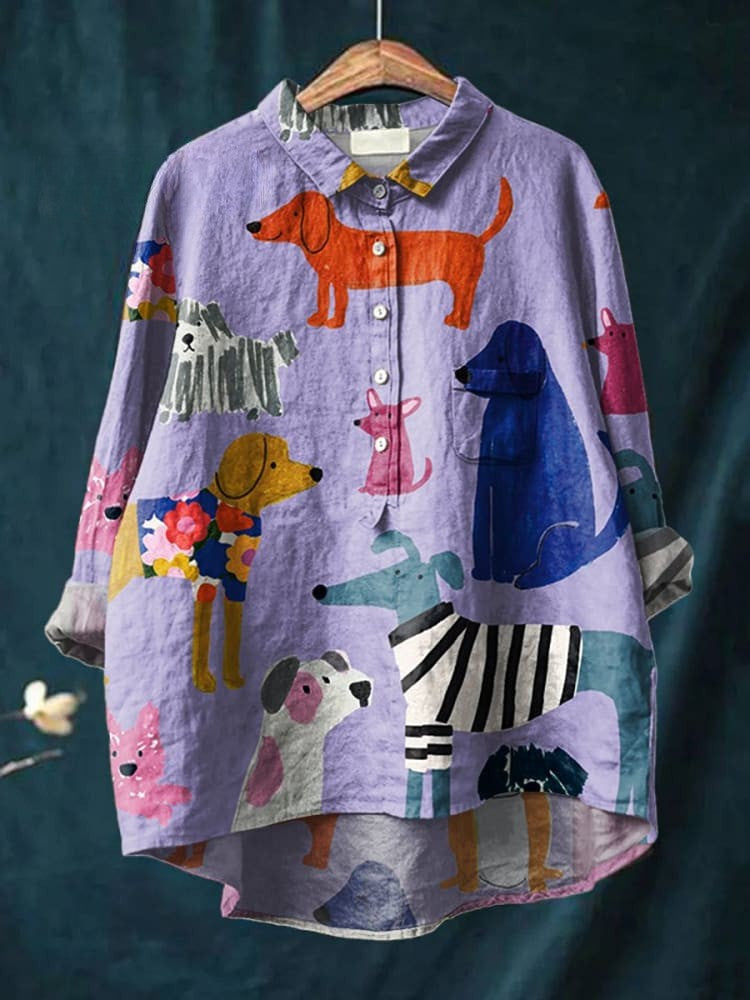 Emma colourful dog print shirt in Purple, front view