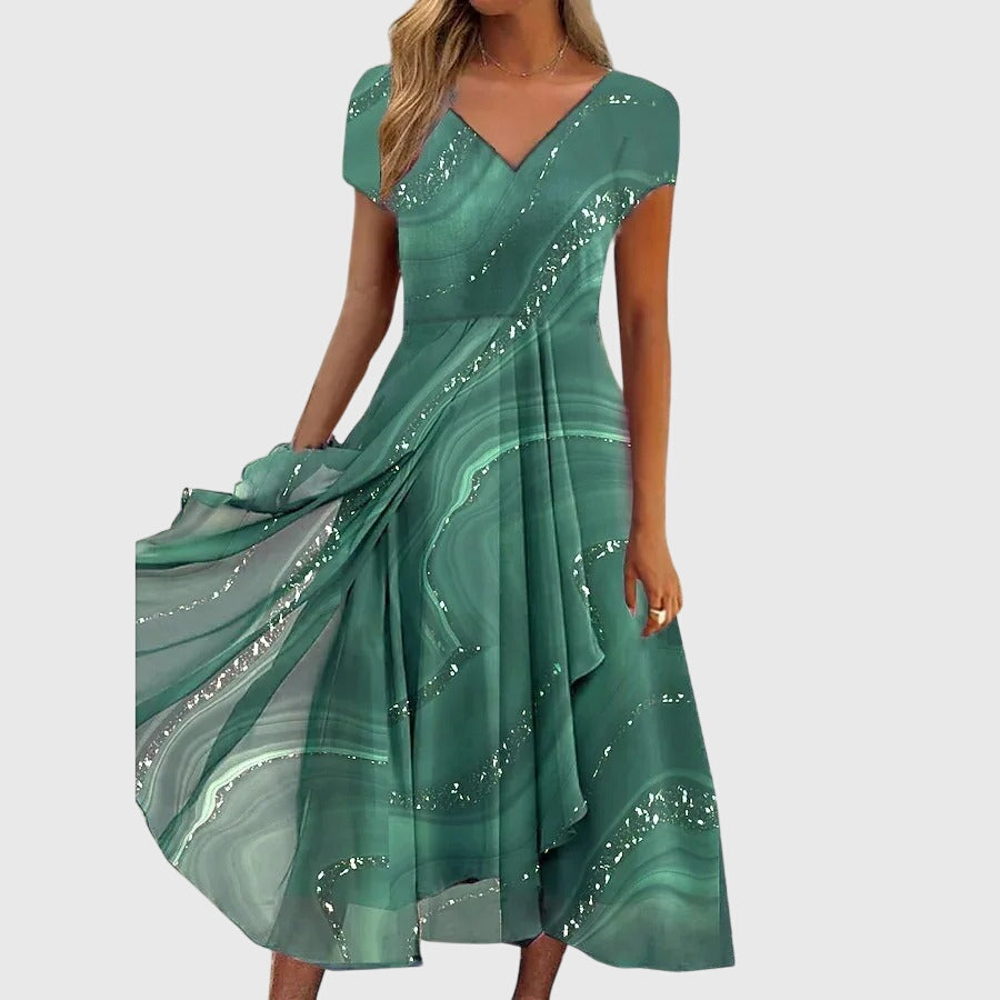 Aubrielle swirl print flowing midi dress in Green, view 3