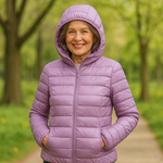 Metta lilac hooded puffer jacket, front view