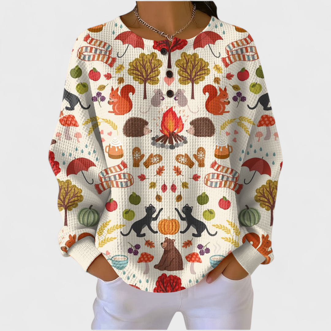 Alma autumn forest motif jumper in Multicolour, front view