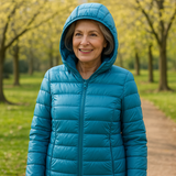 Metta ocean blue hooded puffer jacket, front view