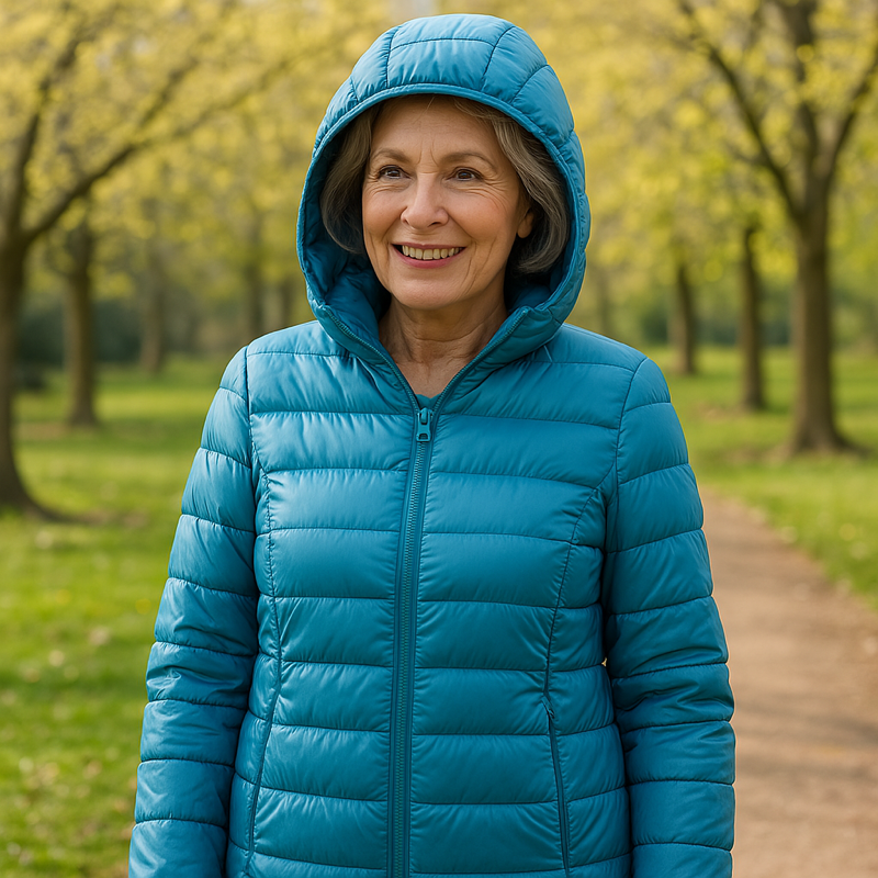Metta ocean blue hooded puffer jacket, front view