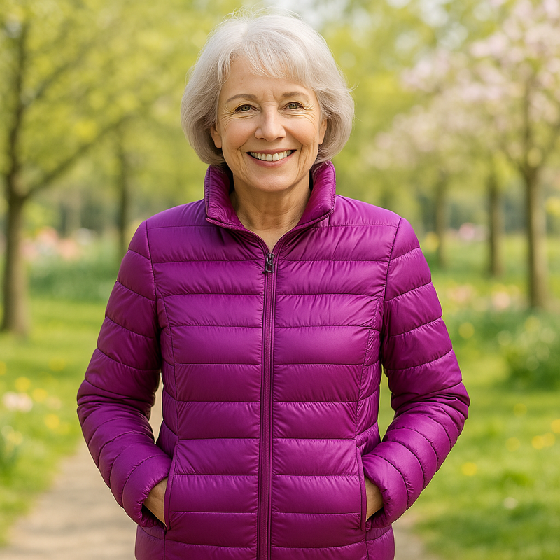 Ulla purple puffer jacket, front view