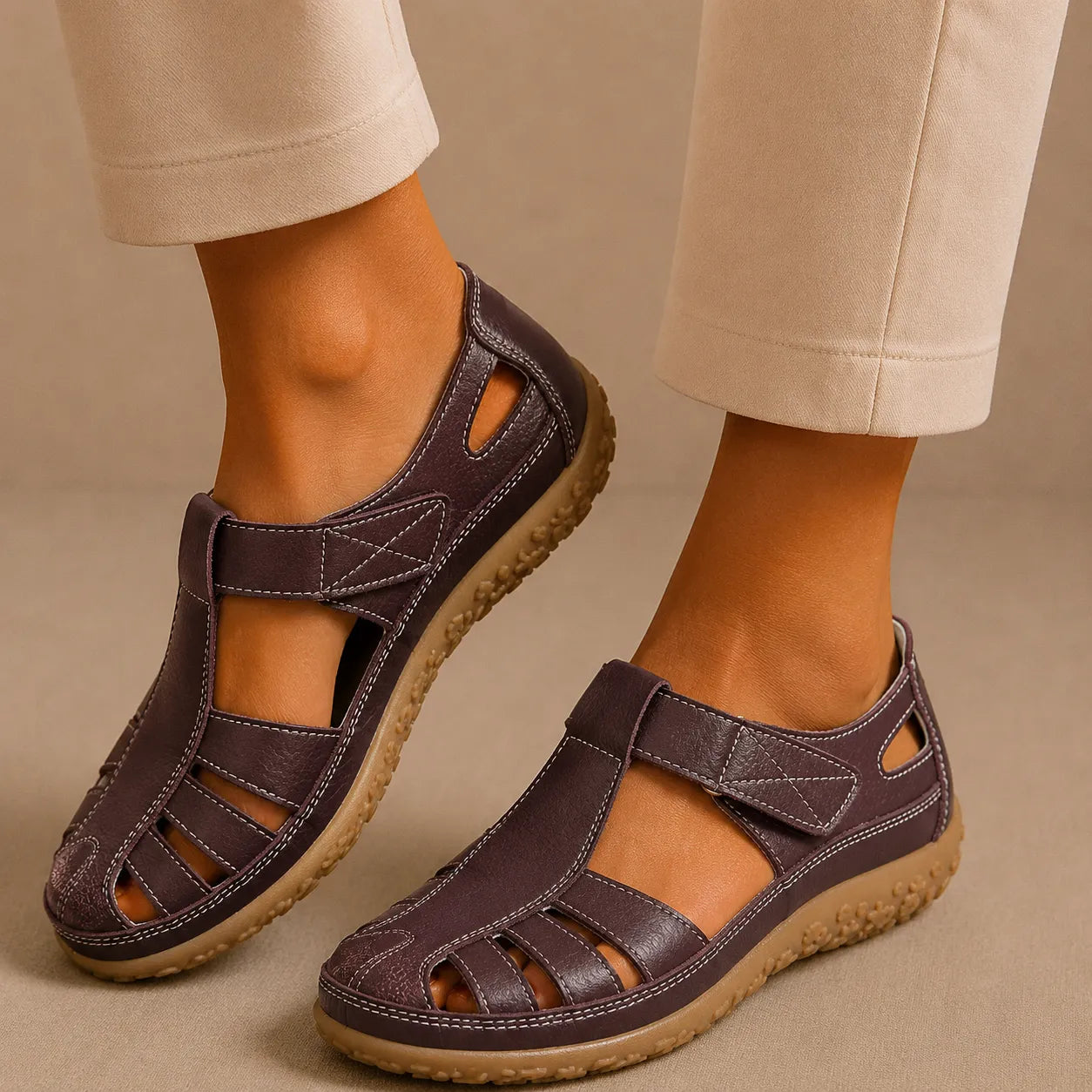Bella Leather Cutwork Comfort Sandals in Brown, view 10
